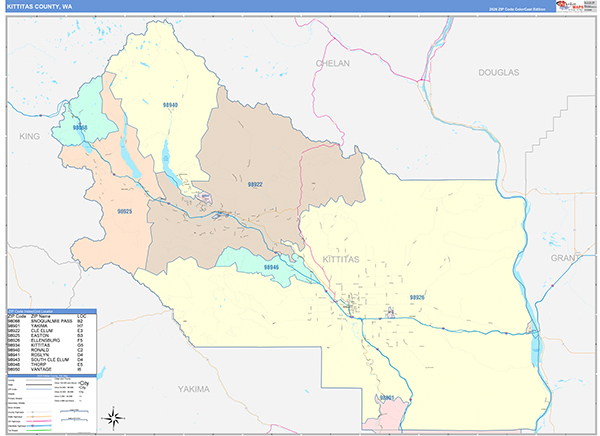Kittitas County, WA Wall Map Color Cast Style