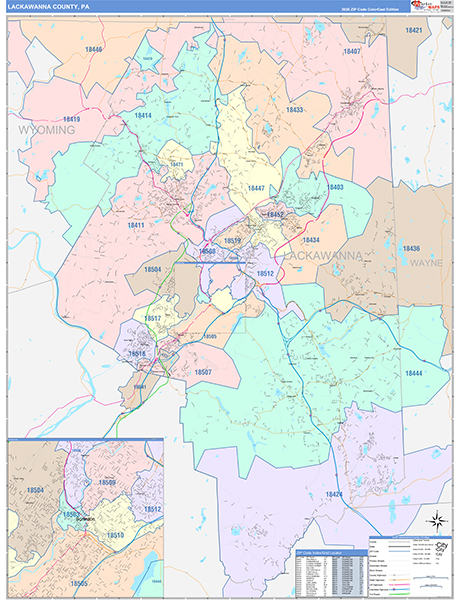 Lackawanna County, PA Wall Map Color Cast Style