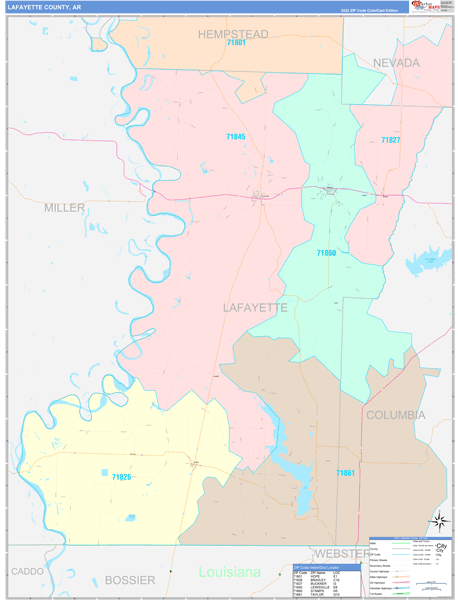 Lafayette County, AR 5 Digit Zip Code Maps - Color Cast