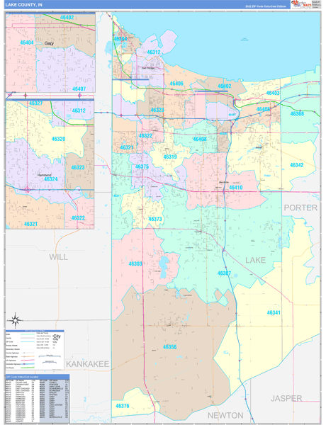 Lake County IN Zip Code Map Color Cast