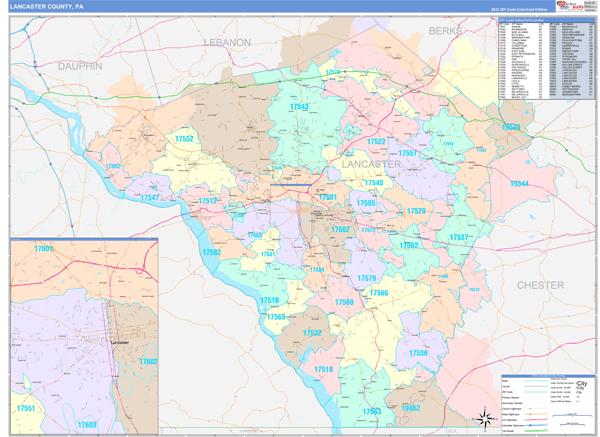 Lancaster County, PA Wall Map Color Cast Style