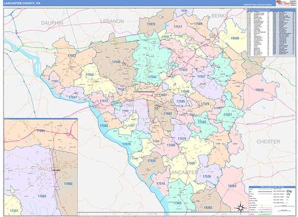 Lancaster County, PA Wall Map Color Cast Style