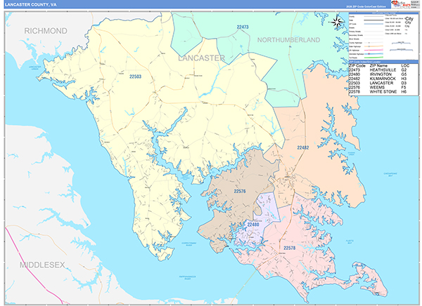 Lancaster County, VA Zip Code Map