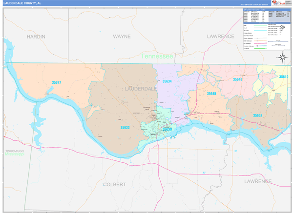 Lauderdale County, AL Wall Map Color Cast Style