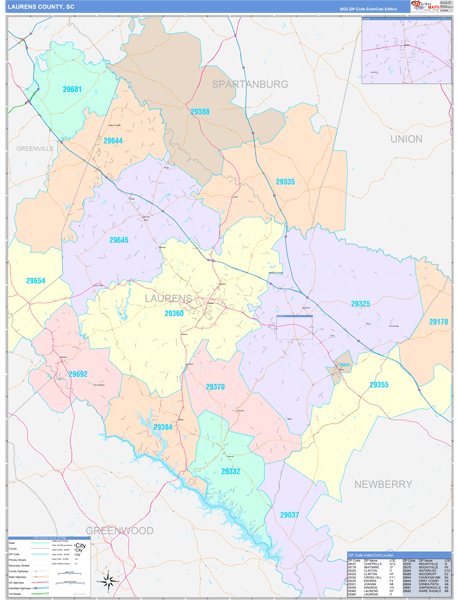 Laurens County, SC Wall Map Color Cast Style