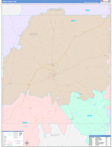 Leake County, MS Wall Map Color Cast Style