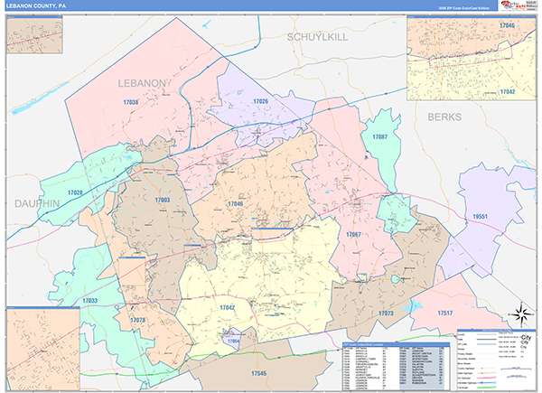 Lebanon County, PA Wall Map Color Cast Style