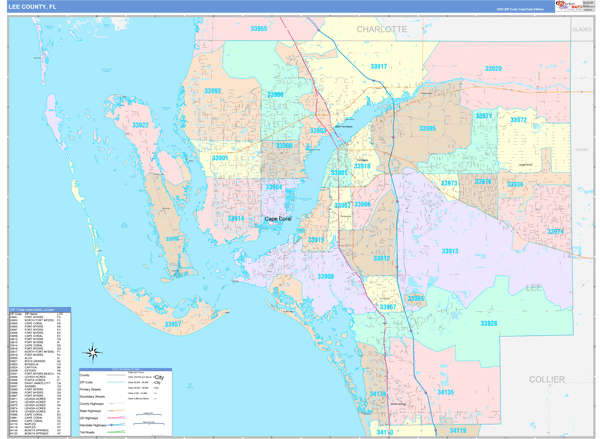 Lee County, FL Wall Map Color Cast Style