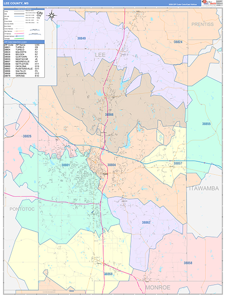 Lee County, MS Zip Code Map