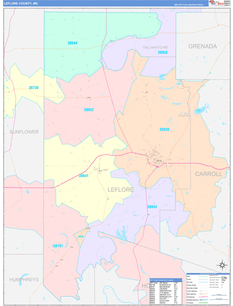 Leflore County MS Wall Map Color Cast Style by MarketMAPS