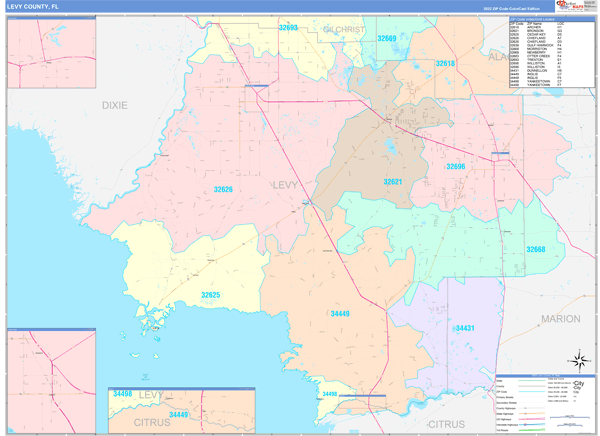 Levy County, FL Zip Code Map