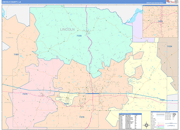 Lincoln Parish (County), LA Wall Map Color Cast Style