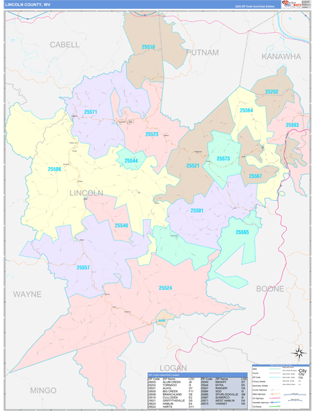 Lincoln County, WV Zip Code Map