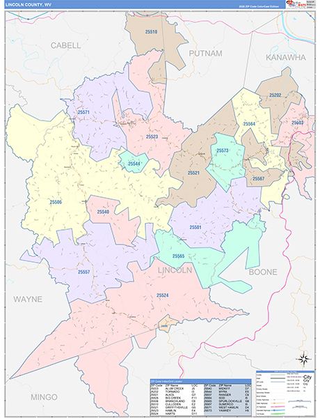 Lincoln County, WV Zip Code Map