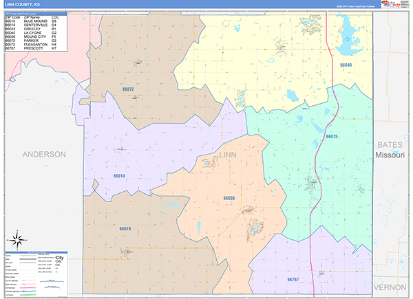Linn County, KS Wall Map Color Cast Style