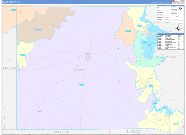 Llano County, TX Zip Code Map