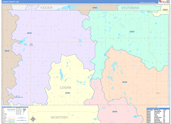 Logan County, ND Wall Map Color Cast Style