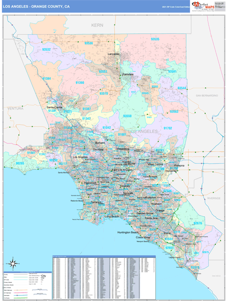 Los Angeles-Orange County, CA Wall Map Color Cast Style by MarketMAPS ...