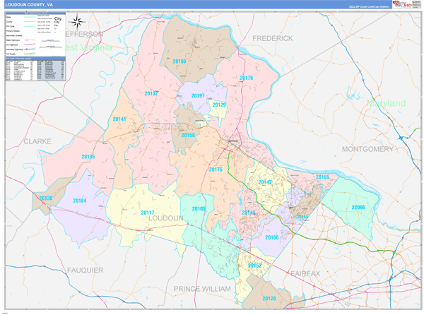 Loudoun County Wall Map Color Cast Style
