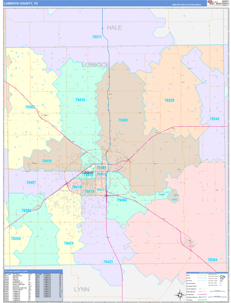 Lubbock County TX Wall Map Color Cast Style by MarketMAPS MapSales
