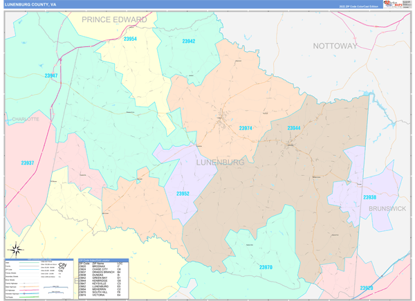Lunenburg County Wall Map Color Cast Style
