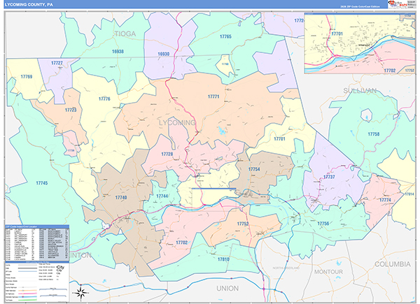 Lycoming County, PA Wall Map Color Cast Style