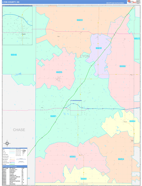 Lyon County, KS Zip Code Map