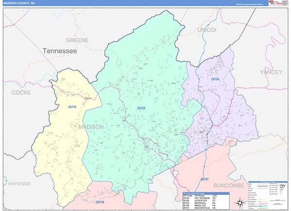 Madison County, NC Wall Map Color Cast Style