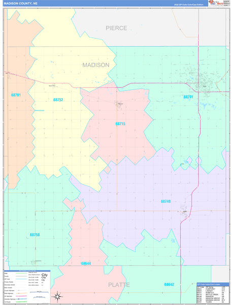 Madison County, NE Wall Map Color Cast Style