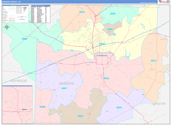 Madison County TN Zip Code Maps Color Cast