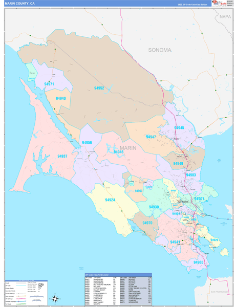 Marin County Wall Map Color Cast Style