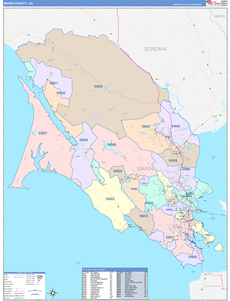 Marin County, CA Map Color Cast Style