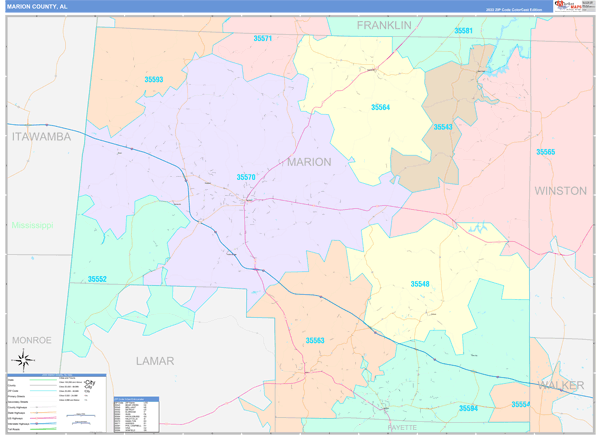 Marion County, AL Wall Map Color Cast Style