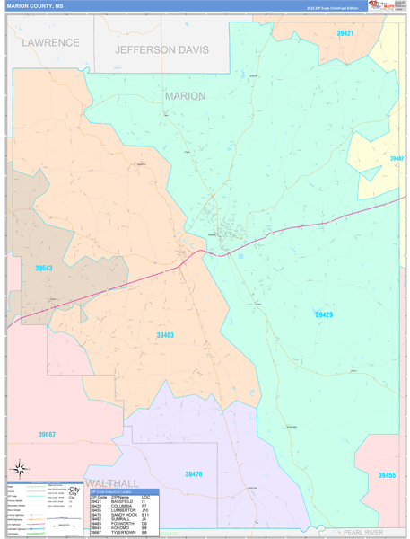 Marion County, MS Zip Code Map