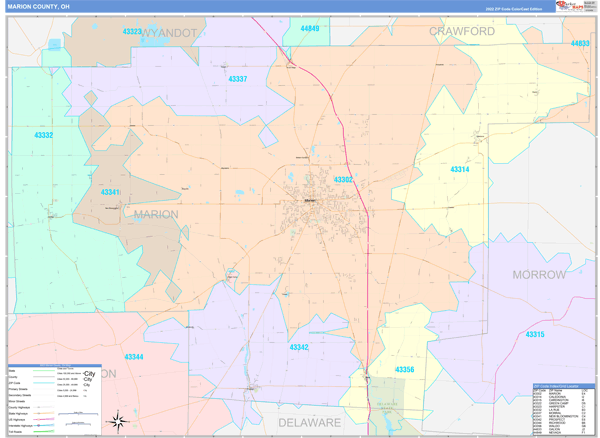 Marion County, OH Wall Map Color Cast Style