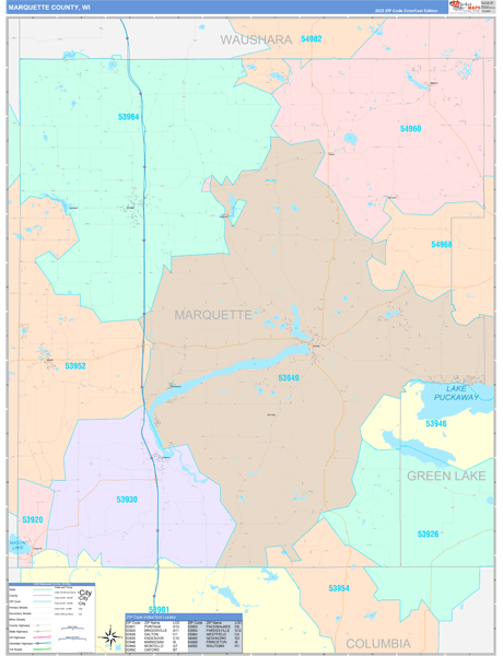 Marquette County, WI Wall Map Color Cast Style