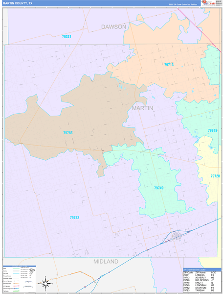 Martin County, TX Wall Map Color Cast Style