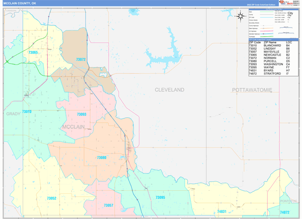 McClain County Wall Map Color Cast Style