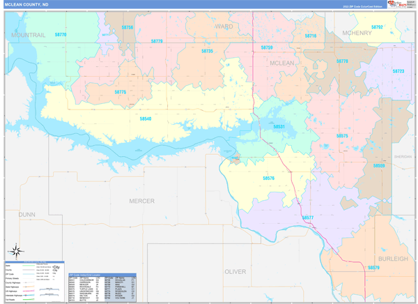 McLean County, ND Wall Map Color Cast Style