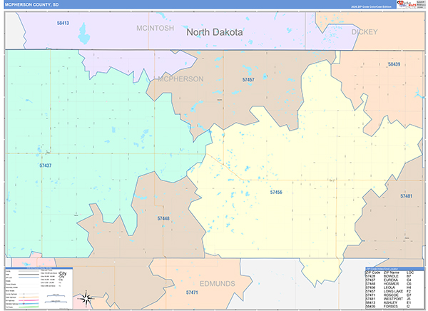 McPherson County, SD Wall Map Color Cast Style