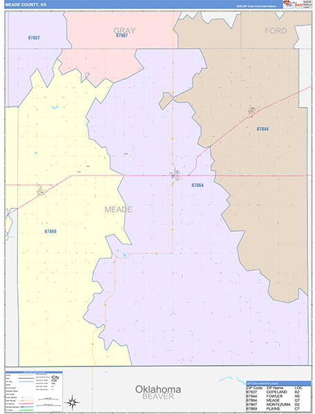 Meade County, KS Wall Map Color Cast Style