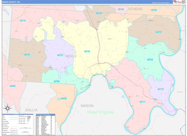 Meigs County, OH Wall Map Color Cast Style