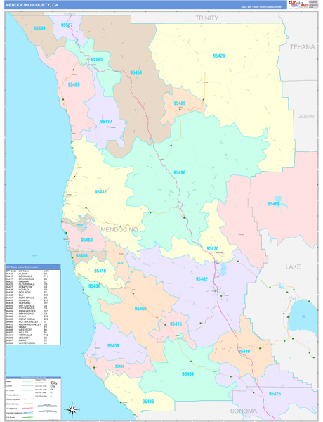 Mendocino County, CA Wall Map Color Cast Style