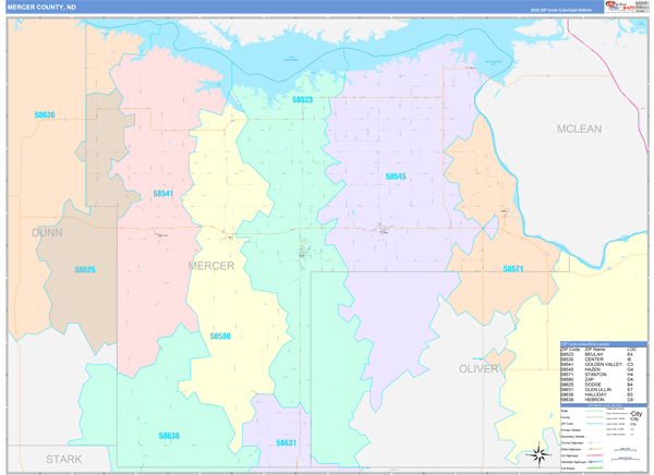 Mercer County, ND Wall Map Color Cast Style