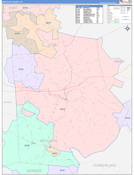 Metcalfe County, KY Wall Map Color Cast Style