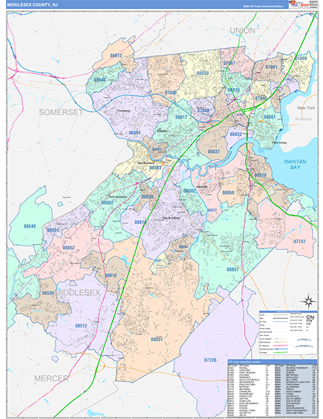 Middlesex County, NJ Wall Map Color Cast Style