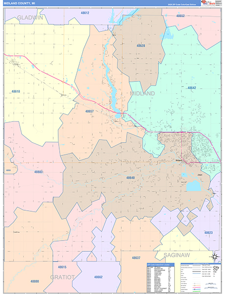 Midland County, MI Wall Map Color Cast Style