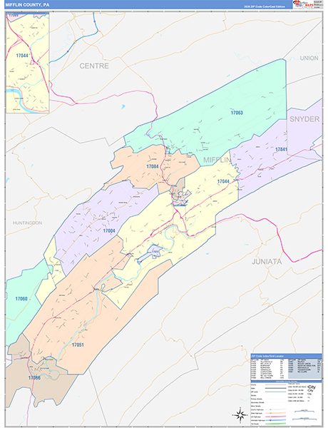 Mifflin County, PA Wall Map Color Cast Style
