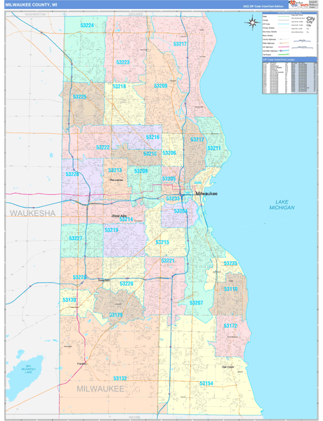 Milwaukee County, WI Wall Map Color Cast Style