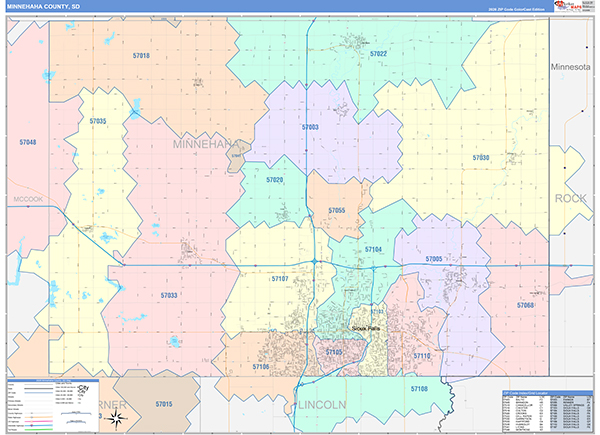 Minnehaha County, SD Wall Map Color Cast Style